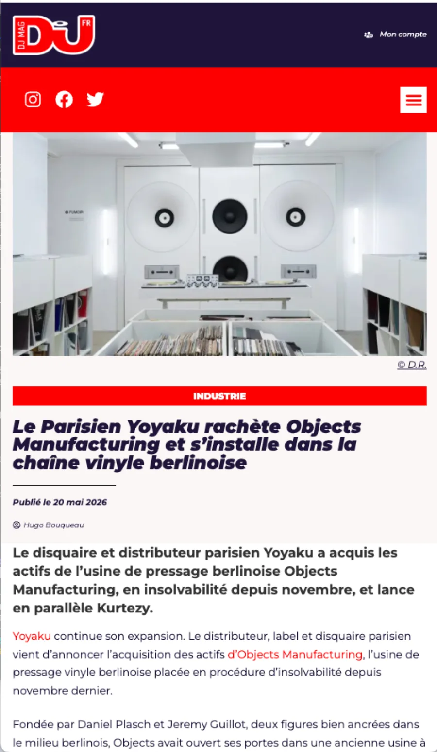 DJ Mag FR — Le Parisien Yoyaku rachete Objects Manufacturing